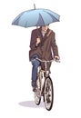 Isolated illustration of man riding bicycle while holding umbrella and wearing winter coat