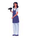 Isolated flat cartoon illustration of a master in a beauty salon. Woman hairdresser in an apron holds a hairdryer. Royalty Free Stock Photo