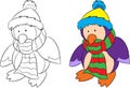 Before and after isolated illustration of a penguin, black and white and color, for children`s coloring book or Christmas card