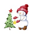 Isolated illustration of a snowman dresses up a Christmas tree