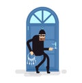 Isolated illustration thief, burglar sneaks to door, attacker holding bunch of skeleton keys Royalty Free Stock Photo