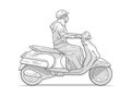 Isolated illustration of woman riding moped, motorcycle from side view in black and white