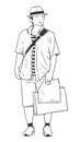 Isolated illustration of young male tourist wearing hat and shirt and holding shopping bags in black and white