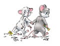 Two sad cartoon mice isolated artistic illustration
