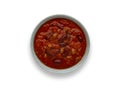 Isolated image of a bowl of delicious chilli bean soup, in a rustic bowl, with drop shadow