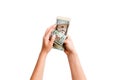 Isolated image of female hands counting dollars on white background. Top view of salary and wages concept