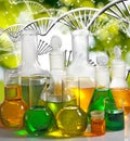 Isolated image of laboratory glassware on the genetic chain background closeup