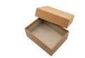 Isolated image of opened brown hard box, hard cardboard package with separate box cover and body on white background. Fat and Royalty Free Stock Photo