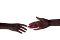 Isolated image of a silhouette of the boy`s hands reaching for the woman`s hand. Hands of mother and son. The concept of family, Royalty Free Stock Photo