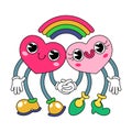 Isolated image of two hearts holding hands in retro cartoon style. A couple in love, boy and girl, holding hands in the shape of h