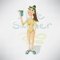 Isolated image woman in a swimsuit on the beach with a cocktail