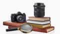 isolated images of an old camera, books and magnifier Royalty Free Stock Photo