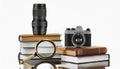 isolated images of an old camera, books and magnifier Royalty Free Stock Photo