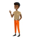 Isolated indian guy waving his hand, saying hello or goodbye. flat black men vector illustration. teenage boy wearing beige shirt.