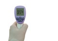 Isolated of an infrared thermometer on white background. The screen shown 37.7 degrees celsius that means a low fever