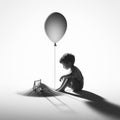 Isolated Innocence: Black and White Portrait of Little Boy and Balloon Royalty Free Stock Photo