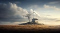 An isolated island with a single building and a small house amidst a ring of towering wind turbines Royalty Free Stock Photo