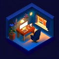 Isolated isometric home office at night