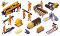 Isolated Isometric Sawmill Lumberjack Icon Set