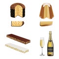 Isolated italian traditional christmas cakes. Panettone, pandoro, torrone and spumante bottle with glass