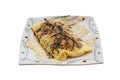 Isolated Japanese Omlette Topping with Sauce, Mayonaise, Katsuobushi dried, fermented, and smoked skipjack tuna and Seaweed Royalty Free Stock Photo