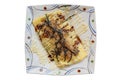 Isolated Japanese Omlette Topping with Sauce, Mayonaise, Katsuobushi dried, fermented, and smoked skipjack tuna and Seaweed Royalty Free Stock Photo