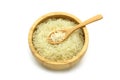 Isolated jasmine rice in a wooden bowl and spoon on white background with clipping path Royalty Free Stock Photo