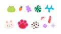 Isolated kawaii faces and elements, mushroom, gem and ball. Funny frog and bunny face, monstera leaf, carrot and pet