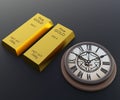 isolated 1 kg gold bars pure 24 carat or 999 fine gold and clock Royalty Free Stock Photo