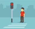 Isolated kid waiting green light of the traffic light at pedestrian crossing. Royalty Free Stock Photo