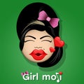 Isolated kissing girl emoticon with black hair. Isolated emoticon.
