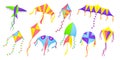 Isolated kite. Cartoon colorful kites, summer kids toys for outdoor plays. Happy wind festival elements, air flying