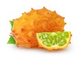 Isolated kiwanos. One fresh kiwano melon fruit and a piece with leaves isolated on white background with clipping path.