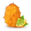Isolated kiwanos. Whole kiwano melon fruit and a piece with leaves isolated on white background
