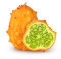 Isolated kiwanos. Whole kiwano melon fruit with slice isolated on white background with clipping path.