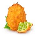 Isolated kiwanos. Whole kiwano melon fruit and two pieces with leaves isolated on white background with clipping path.