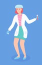 Isolated laboratory assistant woman holding flask with liquid or blood in hand, medical assistant