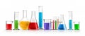 Isolated different laboratory glassware with colored liquids Royalty Free Stock Photo