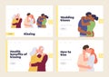 Isolated landing page set for online service website with happy passionate couple kissing hugging