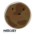 Isolated large colored planet mercury with a face and signature. Cartoon vector illustration of a cute smiling Royalty Free Stock Photo