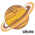 Isolated large colored planet Saturn with a face and signature. Cartoon vector illustration of a cute smiling planet