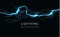 Isolated lightning, horizontal power and energy line, lightning strike, blue light from crack or gap on black background