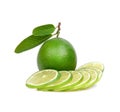 Isolated lime slices. Whole and sliced lime fruits with leaves  of white background .lemon high vitamin C.vitamin c for protect Royalty Free Stock Photo