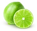 Isolated limes. Whole lime fruit with slice isolated on white background with clipping path. Royalty Free Stock Photo