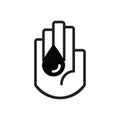 Isolated line hand symbol holding black oil drop sign icon on white