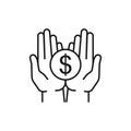 Isolated line icon of coin, money in two outline hands on white background. Symbol of cash charity investment wealth, payment. Royalty Free Stock Photo