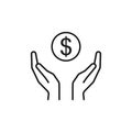 Isolated line icon of coin, money in two outline hands on white background. Symbol of cash charity investment wealth, payment. Royalty Free Stock Photo