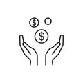 Isolated line icon of some coin, money in two outline hands on white background. Symbol of cash charity investment wealth, payment Royalty Free Stock Photo