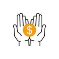 Isolated line icon of yellow coin, money in two outline open hands on white background. Symbol of cash charity investment wealth, Royalty Free Stock Photo