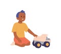 Isolated little happily smiling boy kid cartoon preschooler character playing toy car dump truck Royalty Free Stock Photo